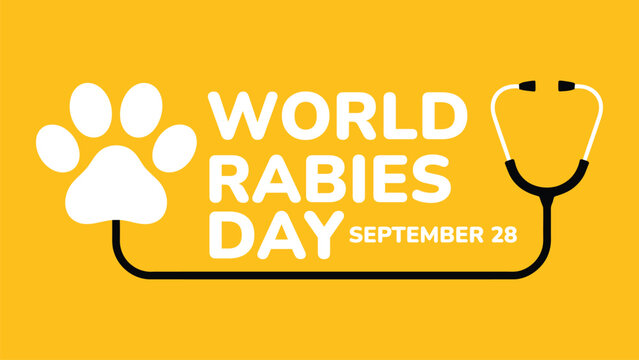 World Rabies Day awareness poster with paw print and stethoscope illustration, September 28 global health campaign concept for rabies prevention, vaccination and animal care