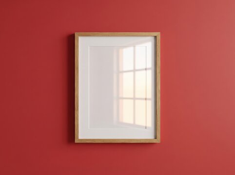 Blank wooden picture frame mockup on dark red wall surface with interior minimalist template decoration