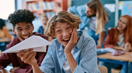Fototapeta premium Joyful Students Enjoying Playful Moments with Paper Airplanes and Whispered Secrets in a Classroom Setting