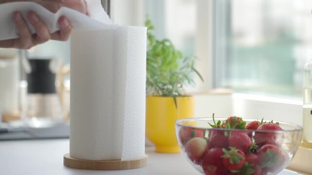 Hands tear paper towel and wipe after preparing strawberries near a bowl of fresh berries