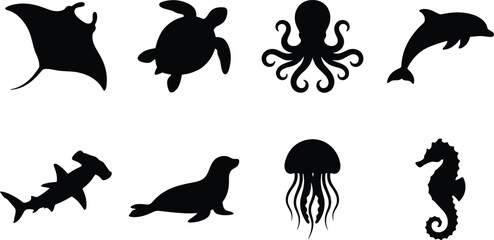 Fototapeta premium Marine Animal Silhouette Icon Set Featuring Ocean Wildlife and Sea Creature Collection
