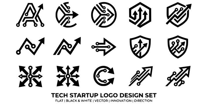 Tech Startup Logo Flat Black White-Circuit Node Arrow Direction Brand-Technology Vector-Tech Icon Flat-Logo Symbol Design Set