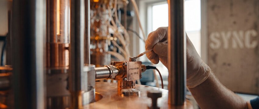 Technician assembling electronic laboratory hardware applying thermal paste to attenuator component in high-tech research facility workshop, engineering precision and scientific development concept.