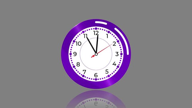 Animated Purple Clock Counting Down to Twelve O'Clock on Grey Background