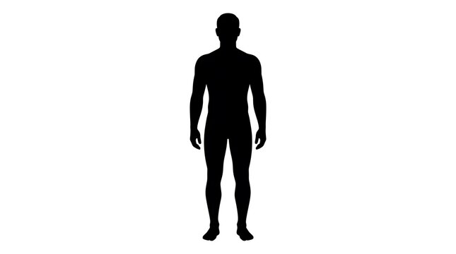 Full body silhouette of a standing man facing forward in a simple and clean graphic style