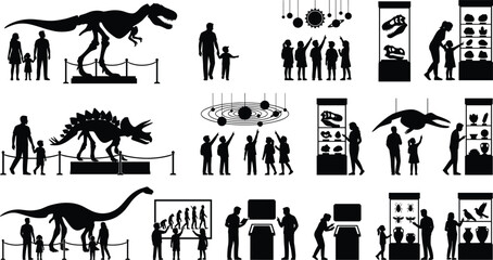 Set of museum icons with people exploring dinosaur skeletons, ancient artifacts, and science exhibits © Ananya
