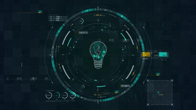 Motion graphic of HUD circular system featuring a glowing light bulb icon with a lightning bolt, ideal for energy efficiency branding and innovative green technology concepts.
