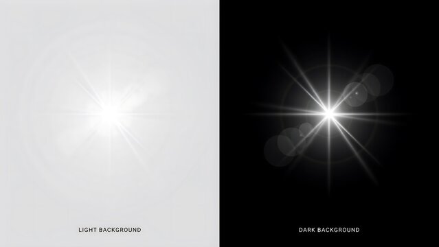 Bright light flare effect with rays on light and dark backgrounds for graphic design and photo editing
