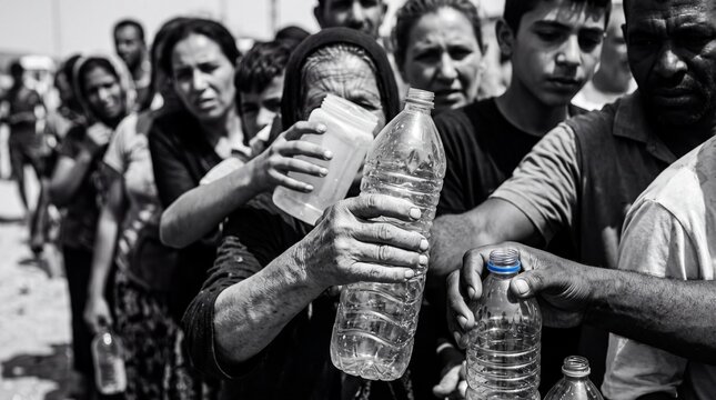 A group of people stand in line waiting for water on a hot day