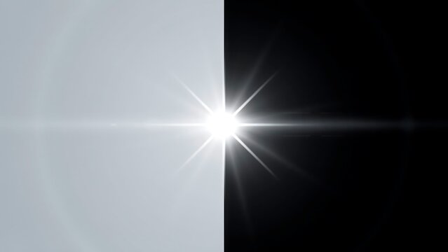 Bright white sun flare with rays on gray and black background  light effect