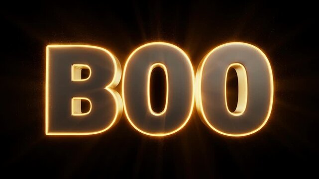 3d render of the word boo in bold letters with a glowing golden neon outline and sparkling particles against a dark black background