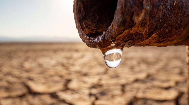 A single water drop hanging from a rusty old pipe in a dry, cracked earth landscape with a clear blue sky.