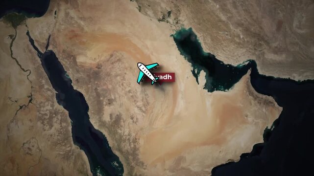 Airplane Flying from Riyadh to Paris Route on Satellite Earth Map