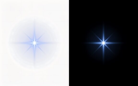 Blue starburst lens flare effect with white and black backgrounds for photo editing and design
