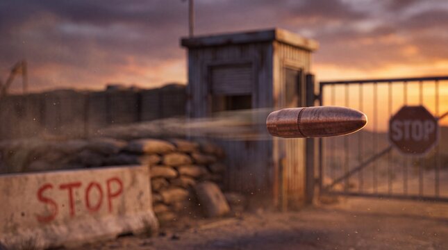 A bullet flies through the air towards a stop sign and gate at sunset