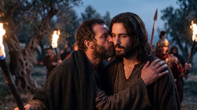 Two men share a tender moment in a dramatic outdoor setting with torches and soldiers in the background.