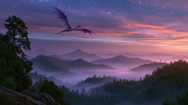 A solitary purple dragon soars through a misty mountain landscape at twilight with a starry sky
