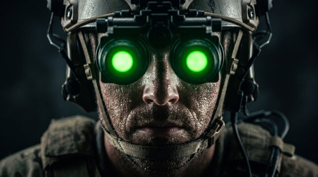 A close-up portrait of a soldier wearing a helmet with glowing green night vision goggles