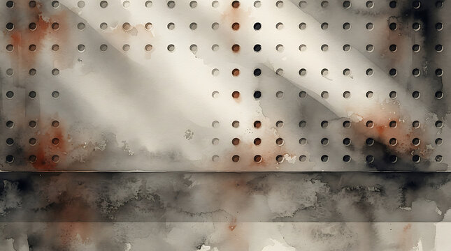 Industrial pegboard texture with rust stains and watercolor wash effect on metal surface panel
