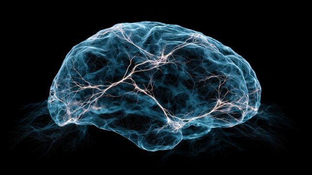 Glowing digital brain with neon synapses on black background
