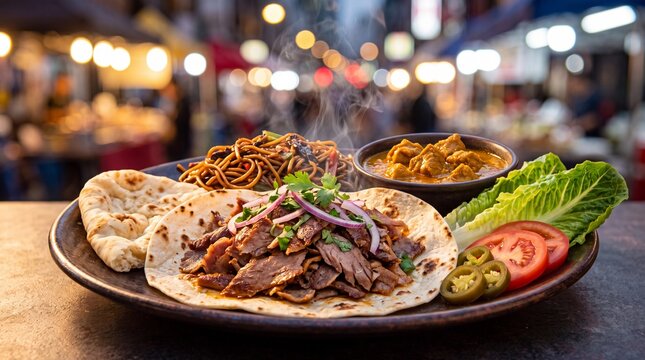 A delicious plate of international street food with naan bread, noodles, and curry at an outdoor market