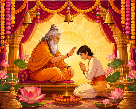 Guru Purnima Poornima Happy Teachers Day Spiritual Festival Background Featuring Guru Worship Divine Blessings Wisdom Inspiration and Respect