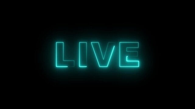 Glowing cyan neon live sign text animation on black background for streaming broadcast social media and online digital content creation.