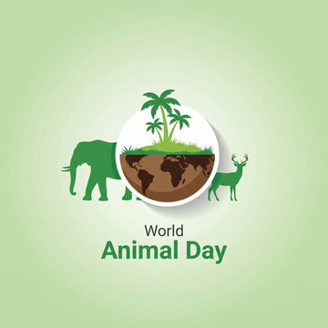 World Animal Day celebration with green earth and animals icons.