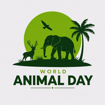 World Animal Day awareness poster with elephant deer and bird silhouettes on green background.