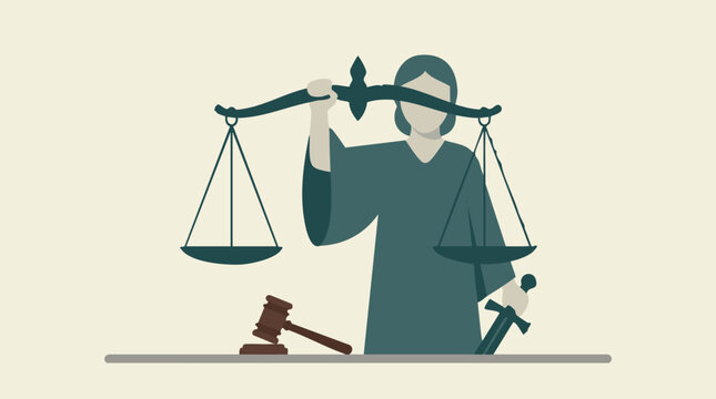 Lady Justice with scales, gavel, and sword - legal system concept