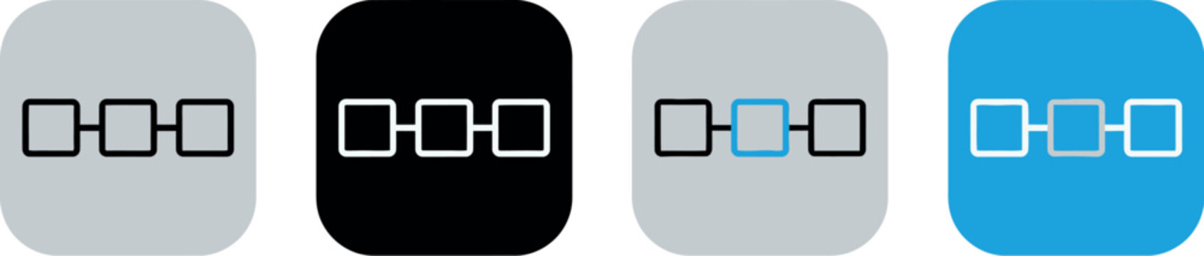 Minimalist blockchain icon set with connected square nodes, digital network link symbols in flat vector style, abstract data structure graphics for cryptocurrency and tech interfaces