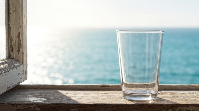 A clear glass sitting on a weathered wooden windowsill overlooking a serene ocean view