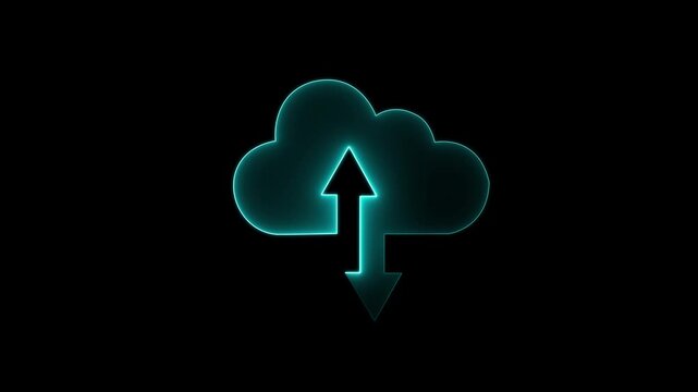 glowing Neon cloud storage icon with upload and download arrows glowing in red animation , digital technology for data transfer, cloud computing, backup, and online storage concept animation 4k video