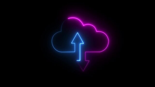 glowing Neon cloud storage icon with upload and download arrows glowing in red animation , digital technology for data transfer, cloud computing, backup, and online storage concept animation 4k video