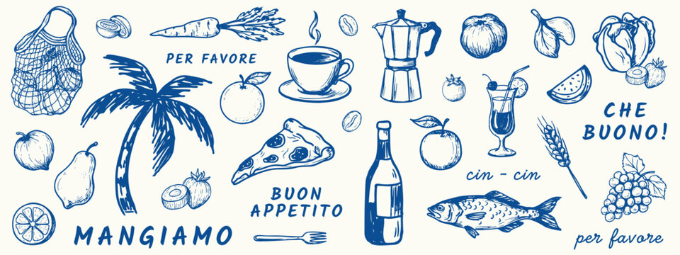 Set of blue summer travel icons featuring palm trees and beach vacation items outline sketch vector illustration