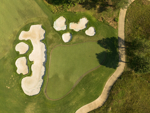 Aerial view of a putting green and sand traps on a Raleigh North Carolina golf course