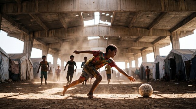 A young boy plays soccer with friends in a dusty, abandoned building with tents in the background.