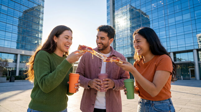 Multiethnic friends sharing pizza slices outdoors near modern glass towers