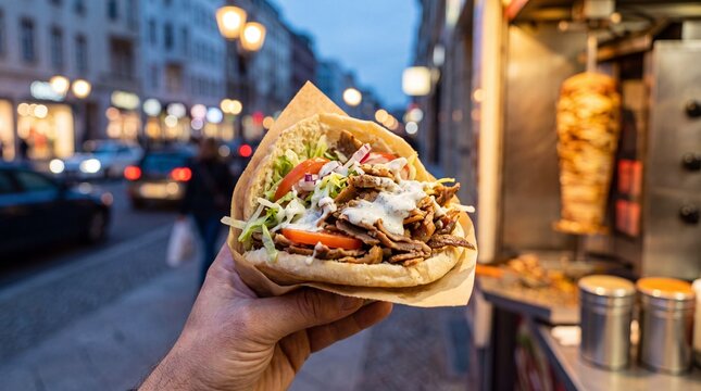 A person holding a delicious doner kebab in a bustling city street at dusk