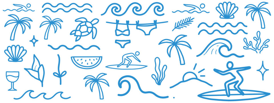 Set of blue pixel art icons featuring ocean waves surfing people and summer beach vacation elements outline sketch vector illustration