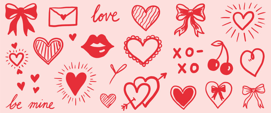 Set of cute red pixel art romantic icons for valentines day outline sketch vector illustration