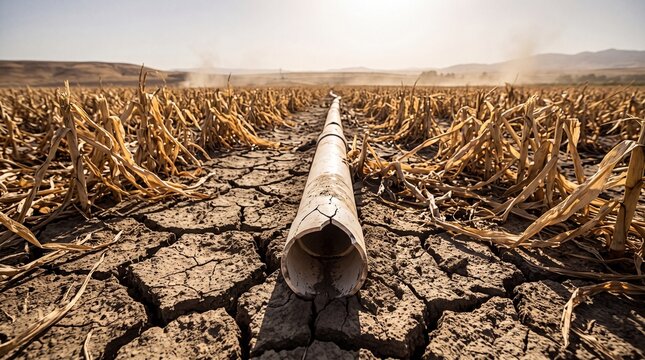 A desolate cornfield with a long pipe running through it, surrounded by dry and cracked earth, symbolizing drought and environmental disaster.