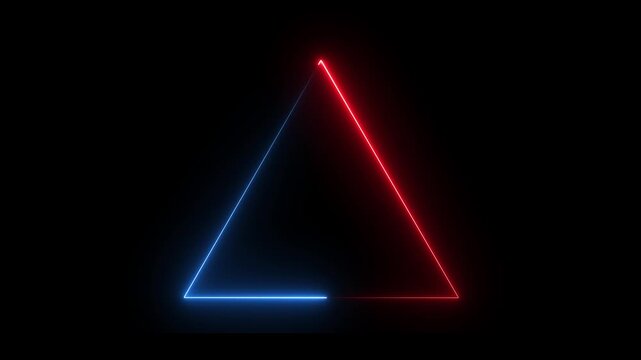 Glowing neon line triangle icon animation on black background.4k video