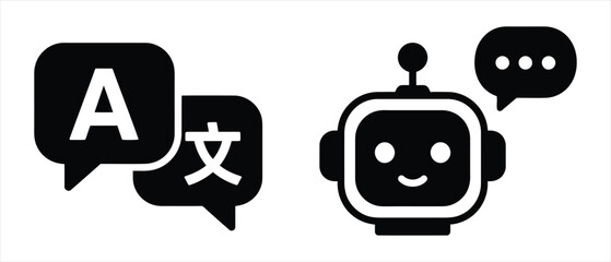 Language translation and artificial intelligence chatbot interface icons with translation language communication artificial intelligence technology interface software computing automation © Romzain