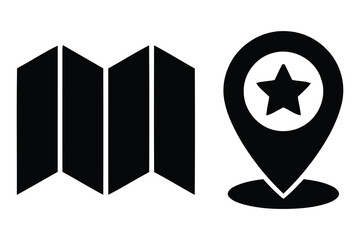 Folded paper map and location pin with star symbol icon set location navigation silhouette destination direction tracking position adventure geographic cartography pictogram isolated © Romzain