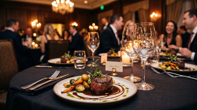 Jantar elegante de gala com prato gourmet de carne e ta&ccedil;as de vinho em primeiro plano, convidados celebrando em evento de luxo ao fundo desfocado