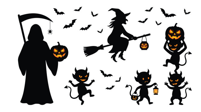 Scary halloween silhouettes featuring a grim reaper witch and mischievous little devils on white background