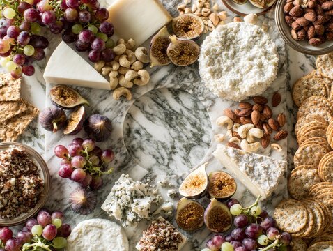 Gourmet cheese platter with fruits and nuts on marble background