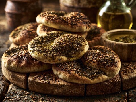 Freshly baked Middle Eastern bread topped with spices on wooden board