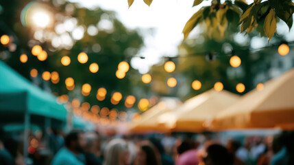 Obraz premium Warm, Festive Outdoor Gathering Under String Lights with Blurred Figures, Tents, and Sun Flare in a Green Setting.